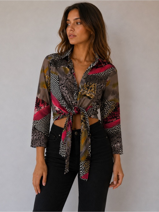 Mishca Tops - Mishca‎ 100% Cotton Abstract Animal Print Tie Waist Blouse Size Large